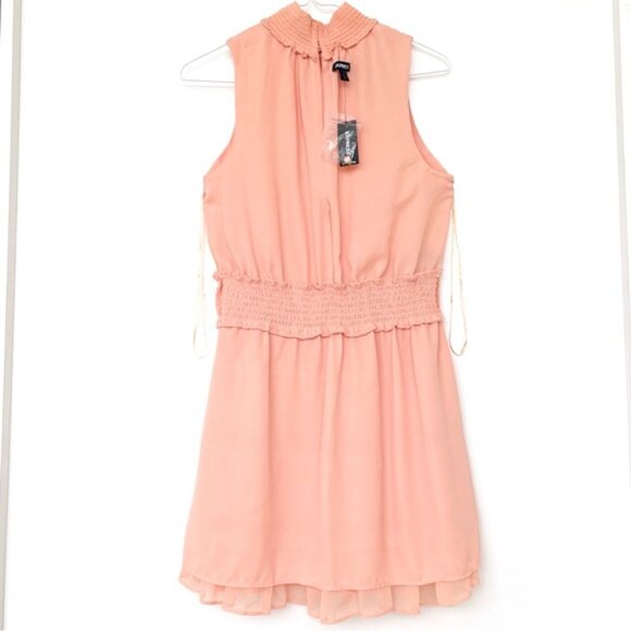 Express Chiffon Mini Dress Women M Mock Neck Tiered Sleeveless Smoke Ne… - Picture 8 of 12